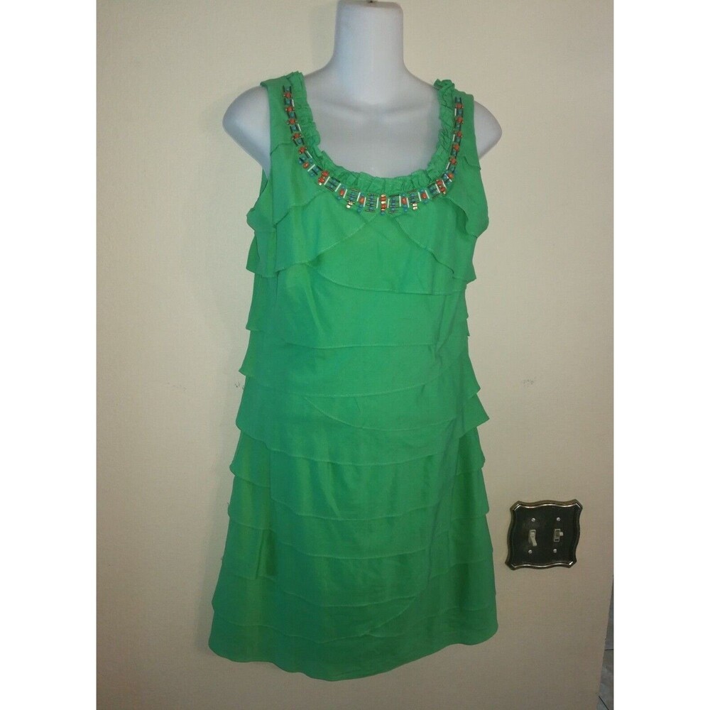 Women's S L Fashions Beaded Ruffle Green Cotton Dress Size 8